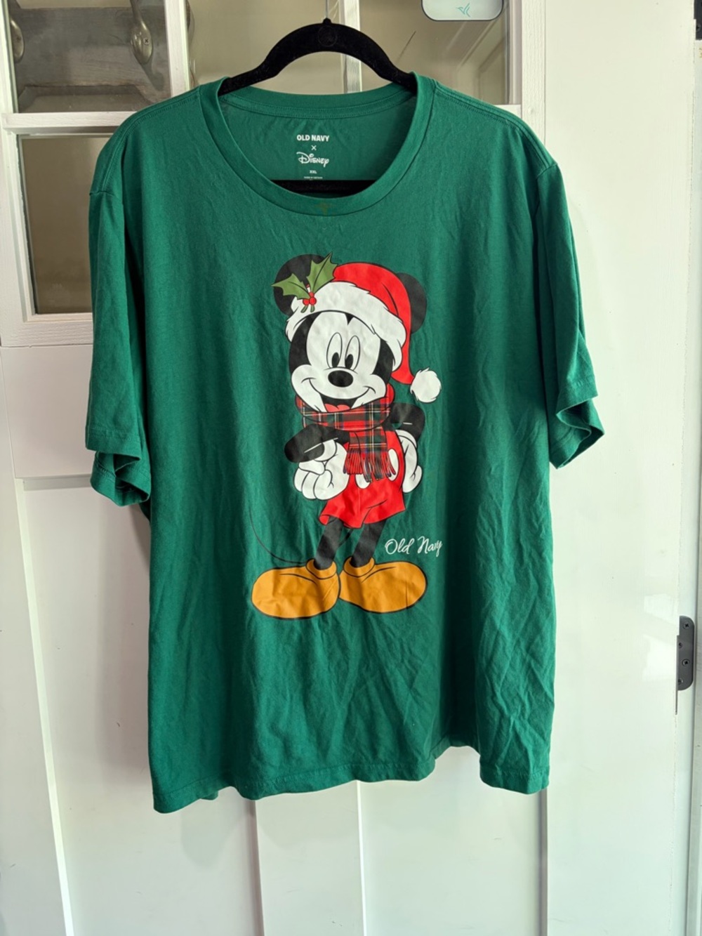 Old Navy Green Holiday Mickey Mouse Tee with Red and White Accents